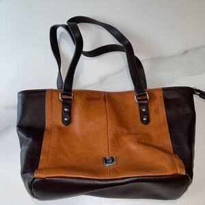 Aurielle Two Toned Brown Leather Medium Shoulder Handbag Purse Cognac & Brown